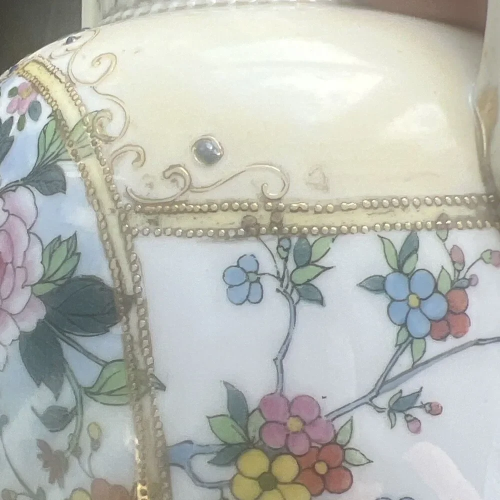 Antique Nippon Hand Painted Porcelain Vase Floral Gold Moriage Handles